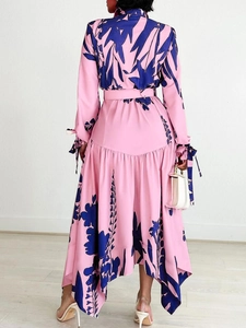 Elegant plus size long sleeve floral dress with waist belt and asymmetrical hemline