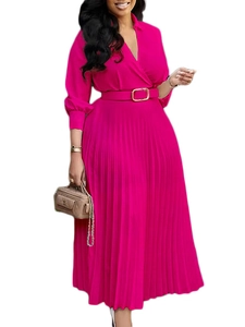 Elegant fuchsia pleated maxi dress with V-neck wrap design and matching gold buckle belt