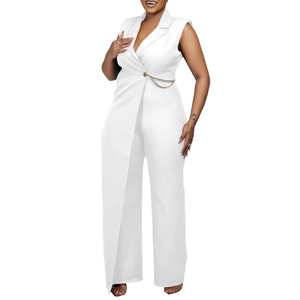 Detail view of white sleeveless jumpsuit featuring suit collar and gold chain waist buckle