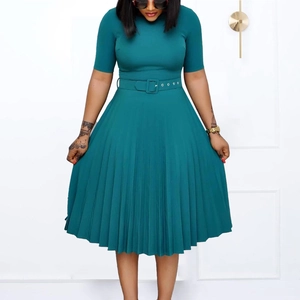 Detail of teal crew neck pleated dress with matching belt and elegant mid-sleeves
