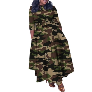 Detail of high-waist drawstring and camouflage print on this long-sleeve maxi dress