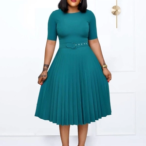 Detail of round neck and waist belt on a dark green pleated midi dress for women