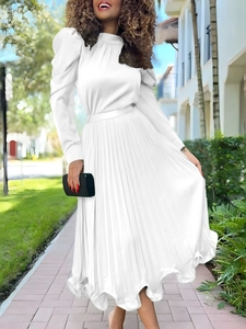 Elegant white long sleeve pleated dress with puff sleeves and stand collar for women