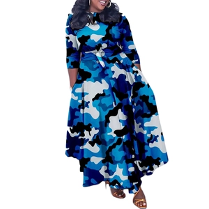 Detail of plus size long dress with blue camo print and waist tie for women