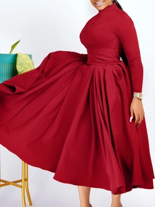 Elegant wine red long sleeve maxi dress with pleated waist and turtle neck design