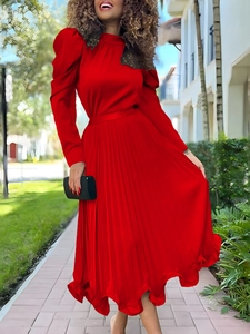 Elegant red pleated long sleeve two-piece set with puff sleeves and matching belt