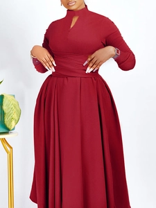 Elegant wine red long sleeve dress with keyhole neckline and pleated flared skirt