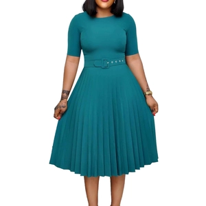 Detail view of the teal pleated dress featuring a crew neck and matching waist belt
