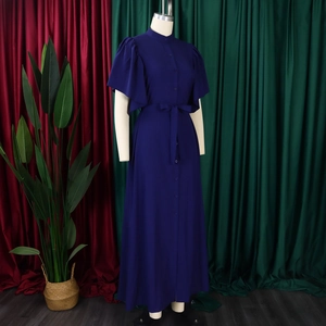 Close-up of royal blue maxi dress with butterfly sleeves and adjustable waist tie belt