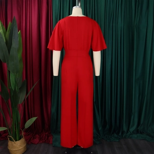 Rear view of red wide-leg jumpsuit showing back zipper detail and high waist on mannequin