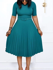 Women Elegant Solid Round Neck Midi Pleated Dress With Belt Office Lady Half Sleeve High Waist A-Line Party Dress