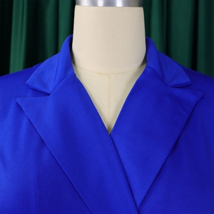 Détail de la robe bleu roi montrant la texture du tissu tissé et le col tailleur classique