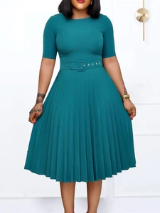 Elegant peacock blue short sleeve pleated midi dress with a square buckle waist belt