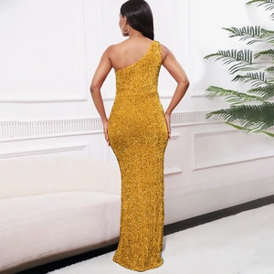 Back view of elegant gold sequin one-shoulder evening gown with slit and mermaid hem