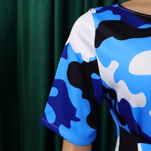 Vue détaillée du tissu à motif camouflage et des coutures sur une robe à manches courtes