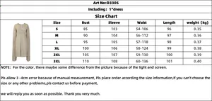 Detailed size chart for elegant V-neck long sleeve dress showing bust and waist measurements