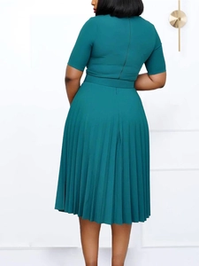Dark green slim fit pleated midi dress with short sleeves and round neck back view