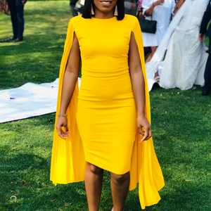 Elegant bright yellow cocktail dress featuring a pleated cape-sleeve design and a slim fit