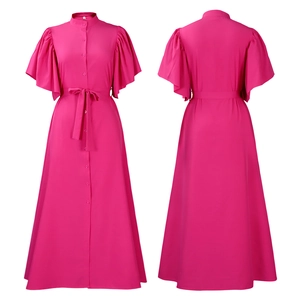 Detailed view of the rose pink maxi dress with ruffle sleeves and button-down front waist belt