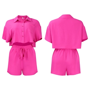 Detailed front and back view of rose pink short sleeve shirt and drawstring shorts set