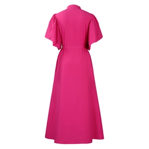 Back view of magenta long dress featuring flared sleeves and a matching fabric waist belt
