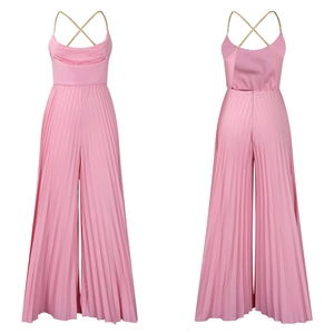 Pink pleated wide-leg jumpsuit with gold metal chain straps and backless cross design