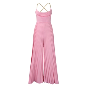 Detail of pink pleated jumpsuit featuring chic crossover metal chain straps on the neck