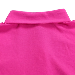 Detail of rose pink pique polo shirt showing high-quality collar stitching and fabric texture