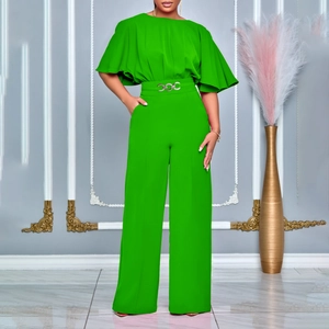 Detail of green high-waisted wide leg jumpsuit with cape sleeves and metal buckle belt