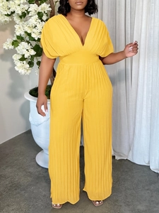 Combinaison Sexy Femme Col en V Plissée Taille Haute Jambes Larges Couleur Unie Manches Courtes Élégante Barboteuses Clubwear