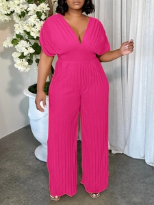 Combinaison plissée col V rose fuchsia pour femme avec taille haute et jambes larges