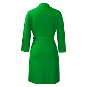 Back view of high waist green blazer dress featuring pleated skirt and matching belt
