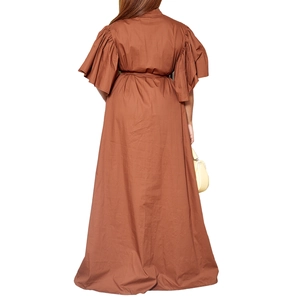 Back view of brown A-line long dress with bell sleeves and matching waist belt