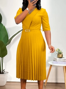 Femmes Élégante Robe Midi Plissée Col en V Avec Ceinture Demi-manches Ligne A Taille Haute Bureau Robe