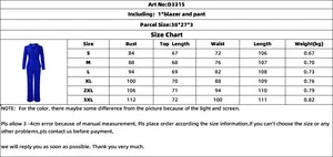 Detailed size chart for elegant women's two-piece ruffle sleeve top and wide leg pants set