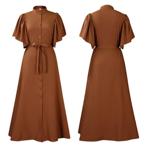Detail view of caramel brown long dress with flare sleeves and button-down front