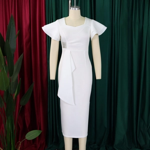Detailed view of white bodycon dress with ruffle sleeves and rhinestone buckle waist