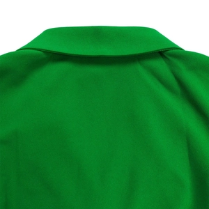 Detailed macro view of the tailored neckline and green woven fabric of the dress