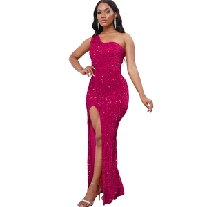 Detail of elegant magenta sequin dress with one-shoulder design and high side slit