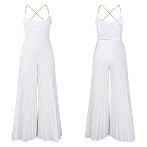 Detailed views of white pleated wide-leg jumpsuit featuring elegant gold chain straps