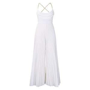 Detailed close-up of white pleated wide-leg jumpsuit with elegant golden chain straps