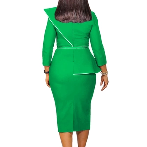 Back view of bodycon midi dress with white trim and peplum detail in bright green