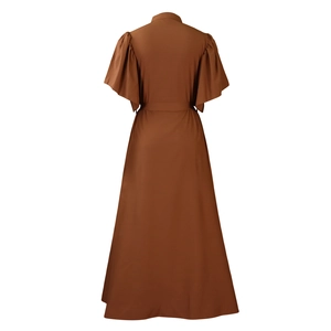 Rear view of brown long maxi dress with bell sleeves and matching belt on white background