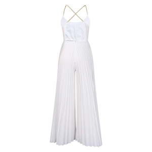 Detail view of white pleated wide leg jumpsuit featuring gold chain crisscross back straps