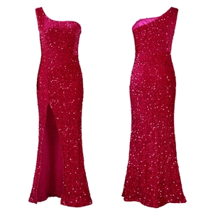 Detailed views of a rose pink sequin evening gown with one-shoulder design and high slit