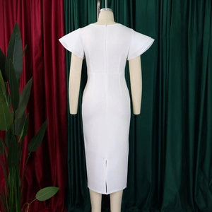 Rear view of elegant white bodycon dress featuring ruffle sleeves and hidden back zipper