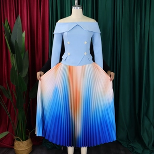 Detail of off-shoulder light blue top and orange-blue gradient pleated long skirt set