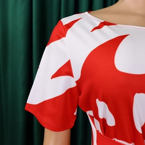 Gros plan du col et de l'imprimé abstrait rouge sur une robe grande taille chic