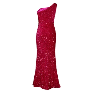 Detail view of the dense rose red sequins and high slit on this one shoulder formal gown