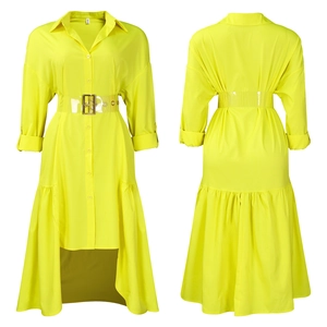 Front and back detail of neon yellow shirt dress with irregular hem and transparent PVC belt
